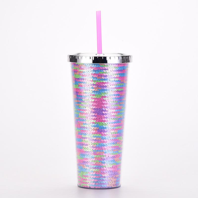 Double-Layer Plastic Cup, Sequined Straw Cup, Straight Cup, Summer Cold Drink Water Cup Can Be Determined