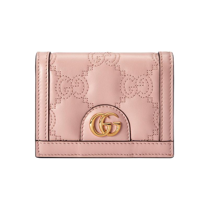 Gucci GG Matelassé Gold Logo Half-fold Design 5 Card Slots Leather Clutch Card Holder Wallet Small Women’s Pink