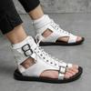 Men Roman Sandals Black White Leather Gladiator Sandals Outdoor Summer Roman Sandals for Men Peep Toe Open Toe Beach Shoes