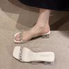 2025 Summer New Crystal Thick Heel Transparent Word with Rhinestone Temperament Fairy Wind Gentle High Heel Cool Slippers Woman