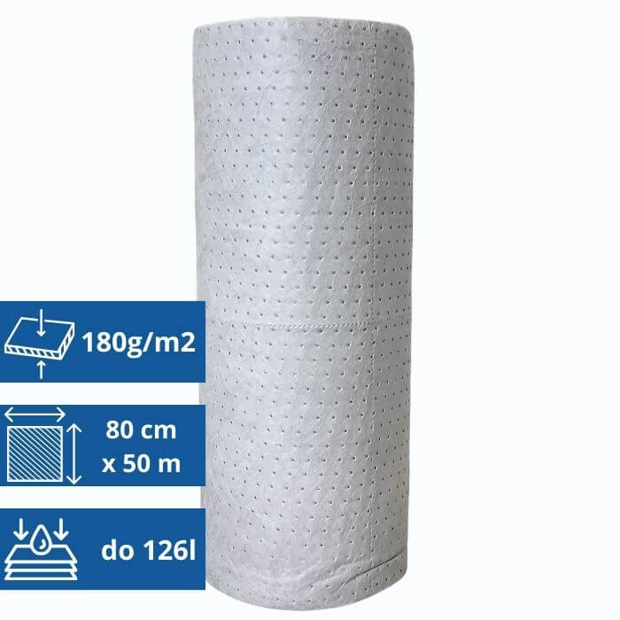Universal Absorbent Mat In A Roll, Sorbent For Oils, Coolants, Liquids, 80Cm X 50M, Polypropylene, High Absorbency, 180G/M2, Light, Gray