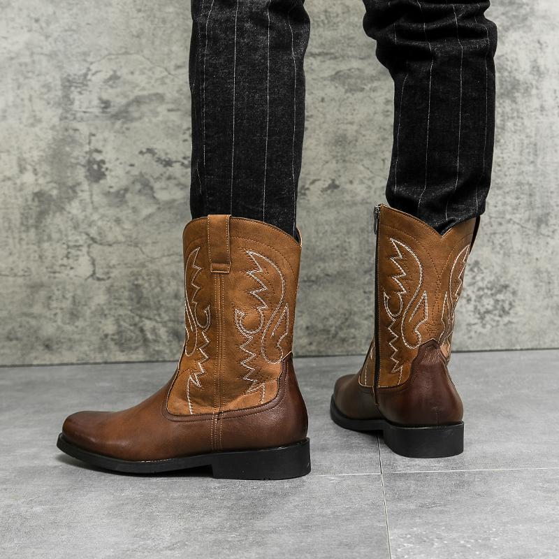 High Quality Embroidery Leather Boots Men Classic High Top British Men's Boots Motorcycle Shoes Men Ankle Western Cowboy Boots Male