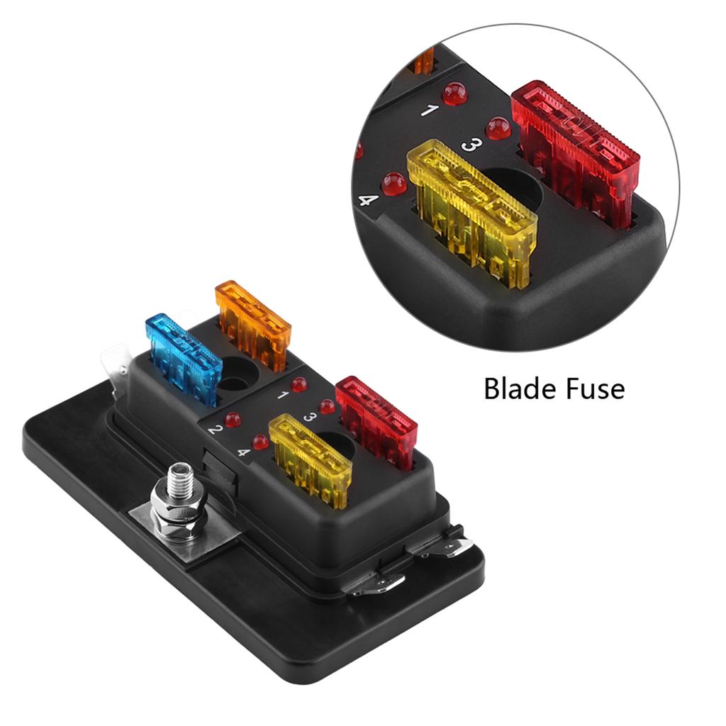 4 Way Circuit Blade Fuse Box Block Holder With LED Warning Light Kit For Car Van Boat Marine