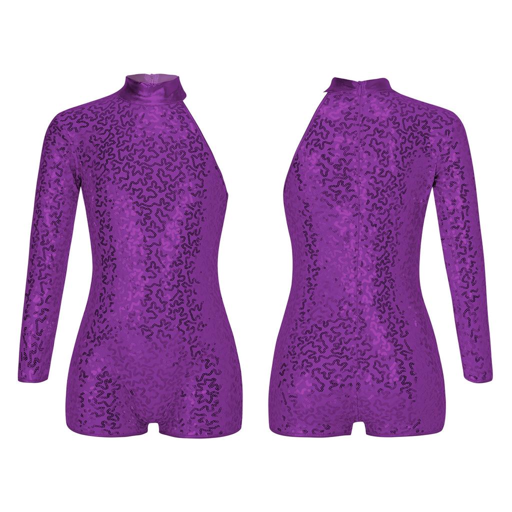 Kids Girls Single Long Sleeve Gymnastics Leotard Sequins Ballet Dance Unitards Short Jumpsuit