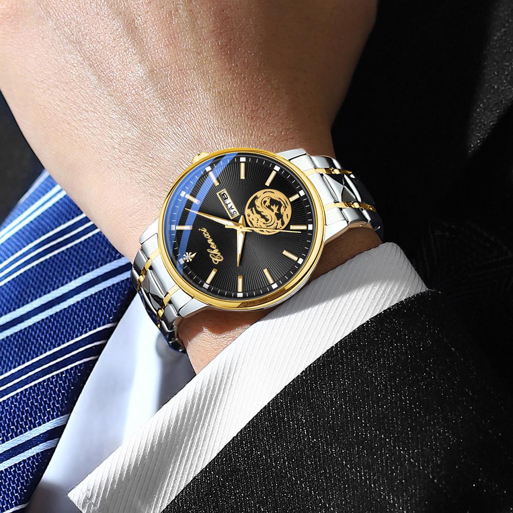 Chenxi Luxury Watch Men Golden Dragon Pattern Stainless Steel Fashion Quartz Wristwatches Curved Mirror Watches For Men Business