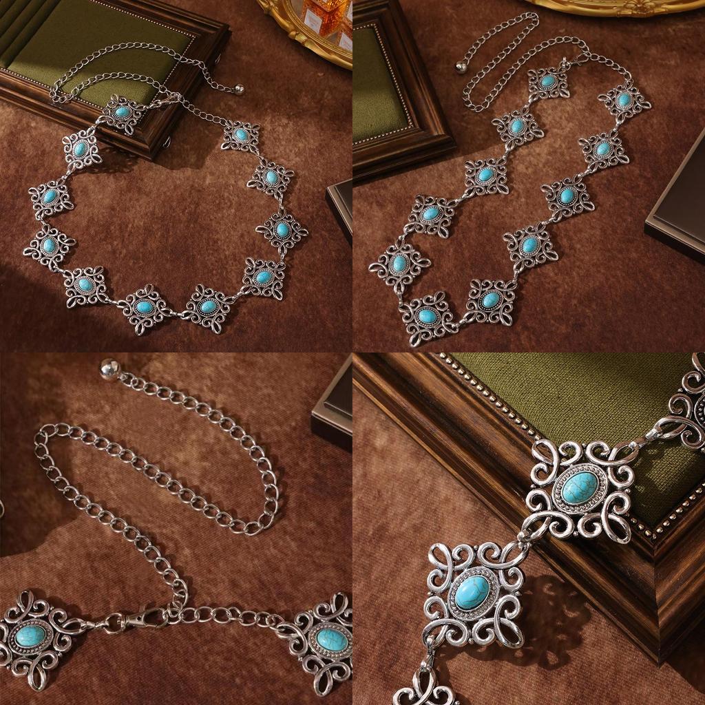 Chinese Traditional Knot Waist Chain With Metal Carving Turquoise For Occasions