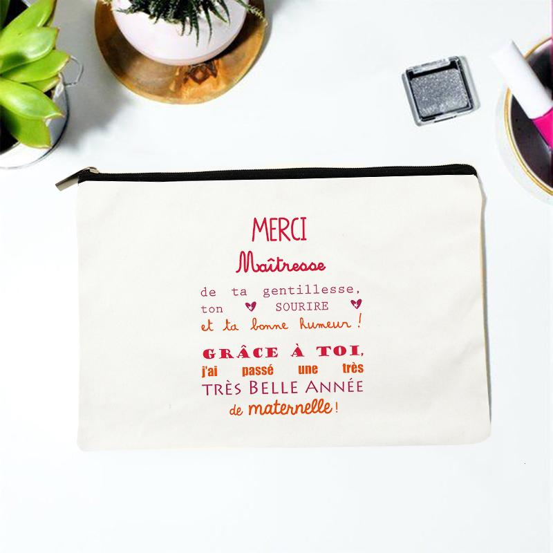 Teacher Superpower French Letter Print Women Cosmetic Bag Canvas Zipper Makeup Pouch Purse Organizer Pencil Bags Toiletry Bag