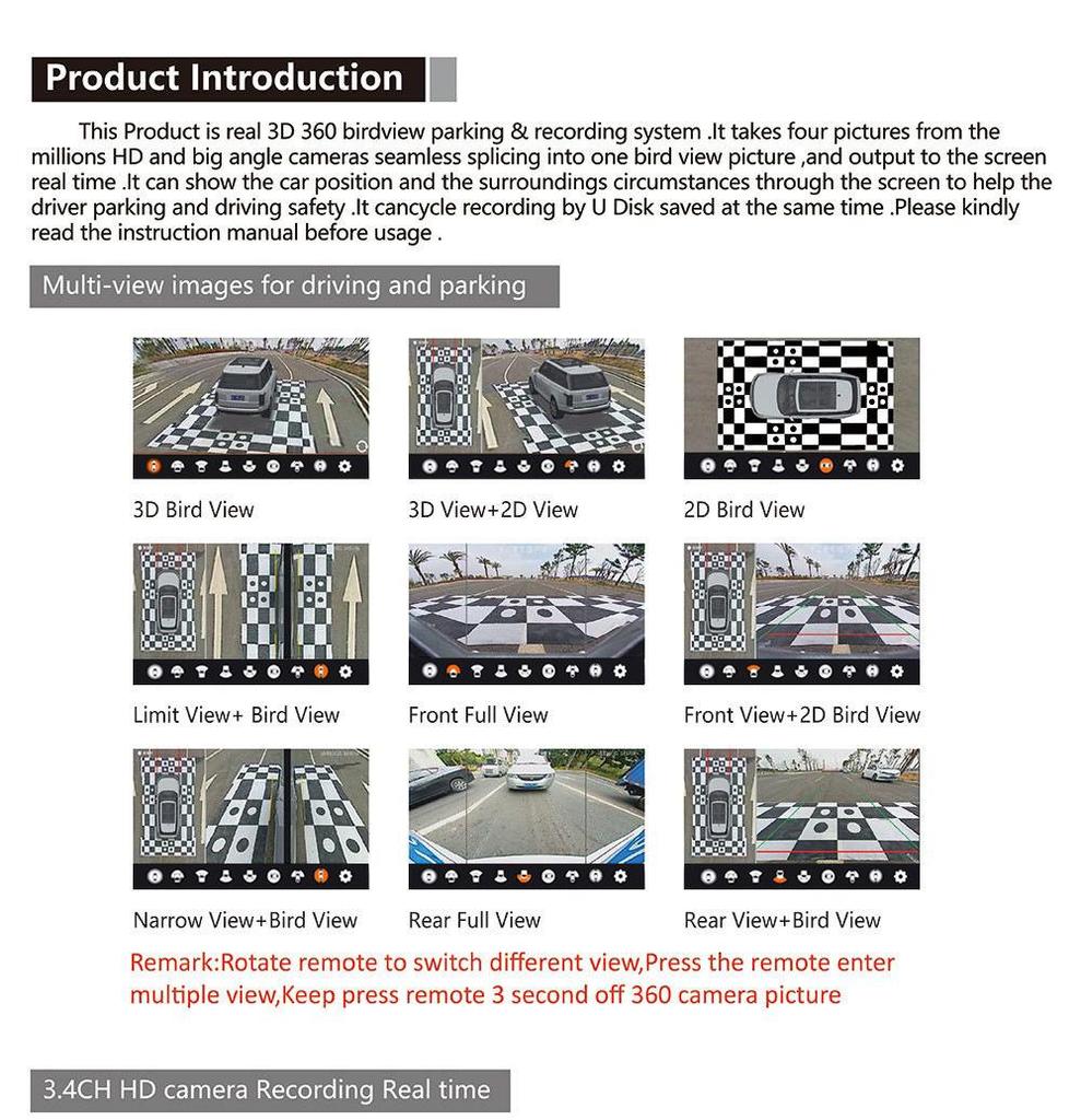 360° HD Dashcam with 3D Reversing Assist, Four-Lens Universal Car Camera