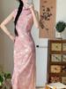 New Chinese-style improved sleeveless cheongsam women's early autumn long slim and thin national style dress green printing daily
