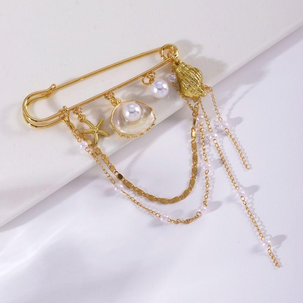 Metal Chain Tassel Imitation Pearl Brooch Gold Color Starfish Brooch Pin For Women