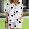 Women's Summer Two Piece Outfit Dot Print Round Neck Short Sleeve Top Wide Leg Shorts Set Casual Loungewear Matching Suit