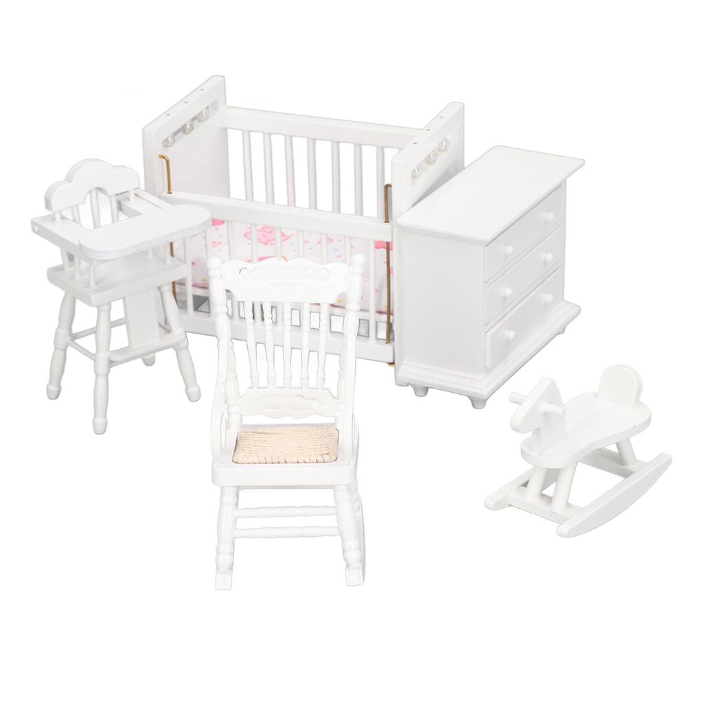 1:12 Dollhouse Furniture Model Set Miniature Baby Crib Rocking Horse Chair Cabinet Decoration
