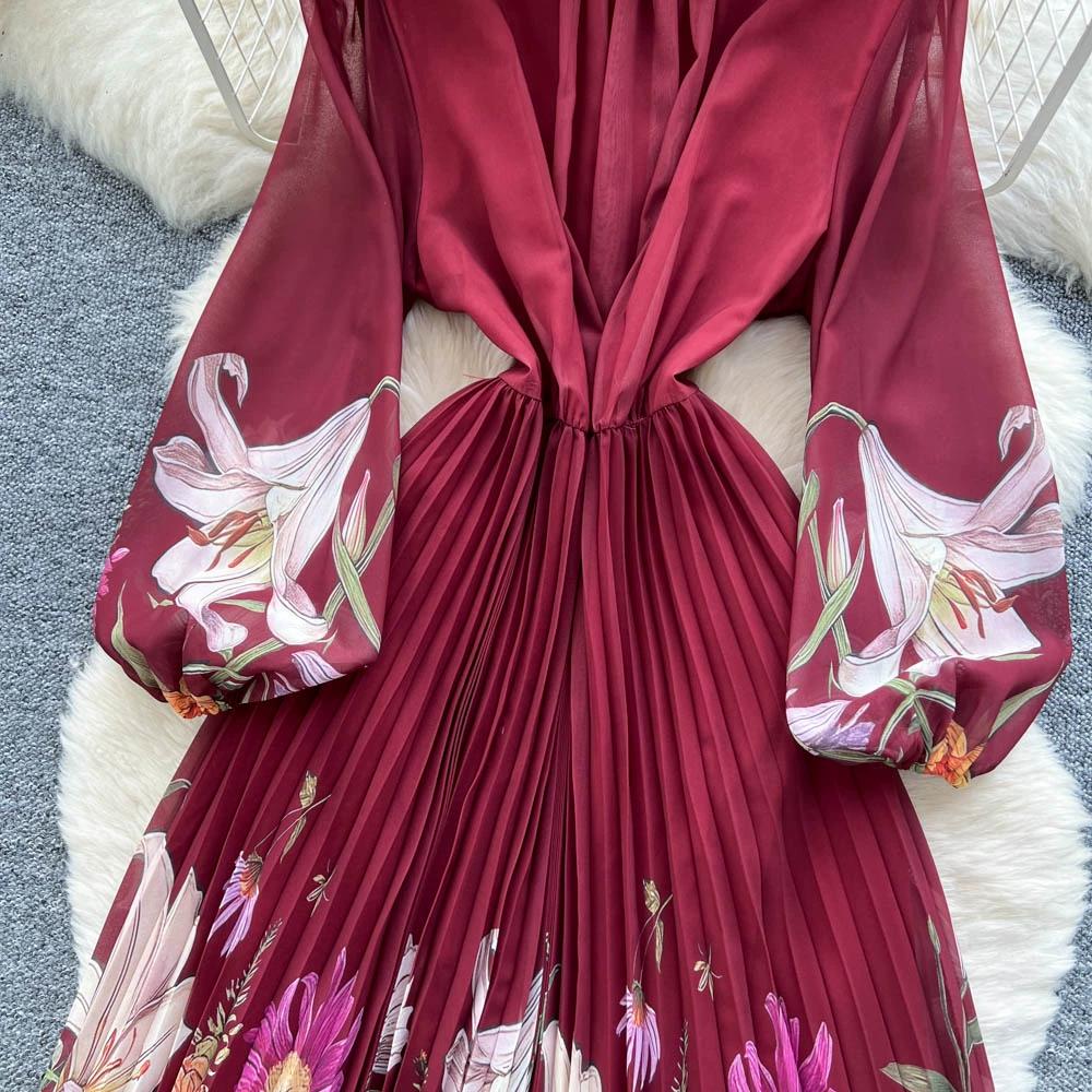 Платье с принтом высокого класса для женщин Весна Осень Приталенное и элегантное плиссированное длинное женское платье