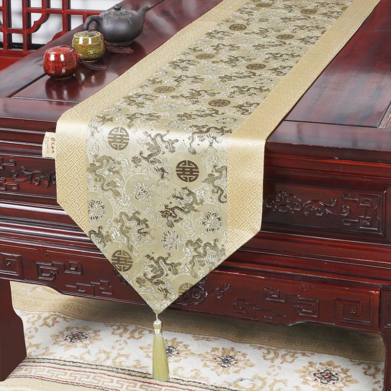 Chinese Silk Dragon Phoenix Floral Table Runner with Tassels and Lace Wedding Decor Centerpiece
