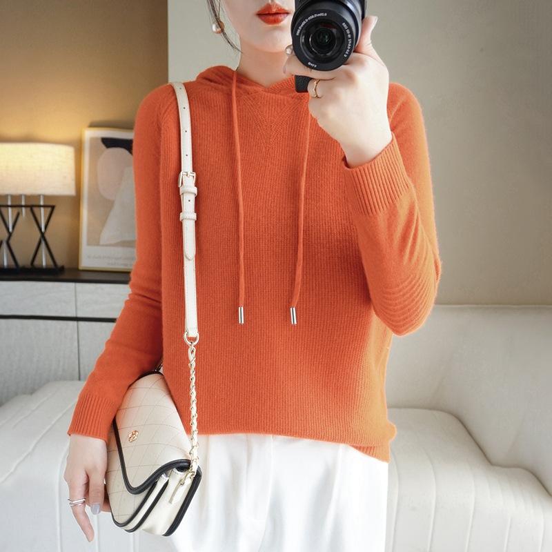 Spring and Autumn New Trendy Slim Short Solid Color Sweater Women's Loose Casual Hooded Jacket Pullover Knitted Sweater