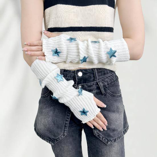 Вязаные митенки для девочек, длинные перчатки до запястья без пальцев, зимние нарукавники со звездой и отверстием для большого пальца для женщин, уличная одежда, вечеринки