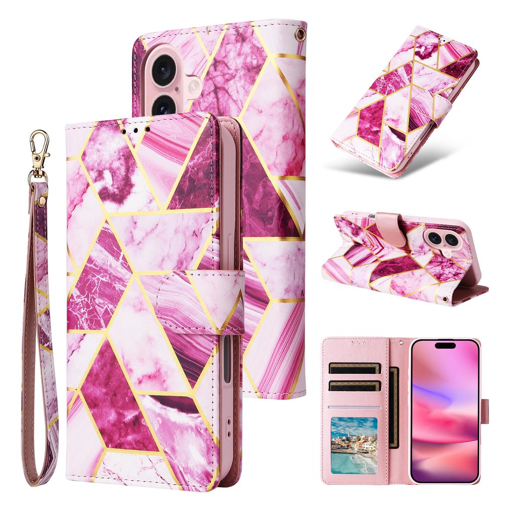 For iPhone 17 Case Lacquered Marble Pattern Leather Phone Cover with Wrist Strap
