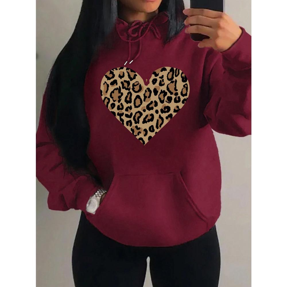 Простое худи с дизайном сердца с леопардовым принтом для женщин, оверсайз, флисовое, осеннее, хип-хоп, спортивная одежда, модная одежда