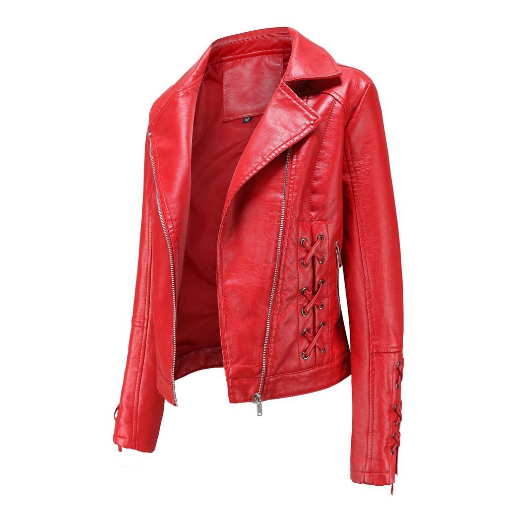 Women Turn Down Collar Long Sleeve Woven Lace Up Solid Color Leather Pu Jacket S-4XL