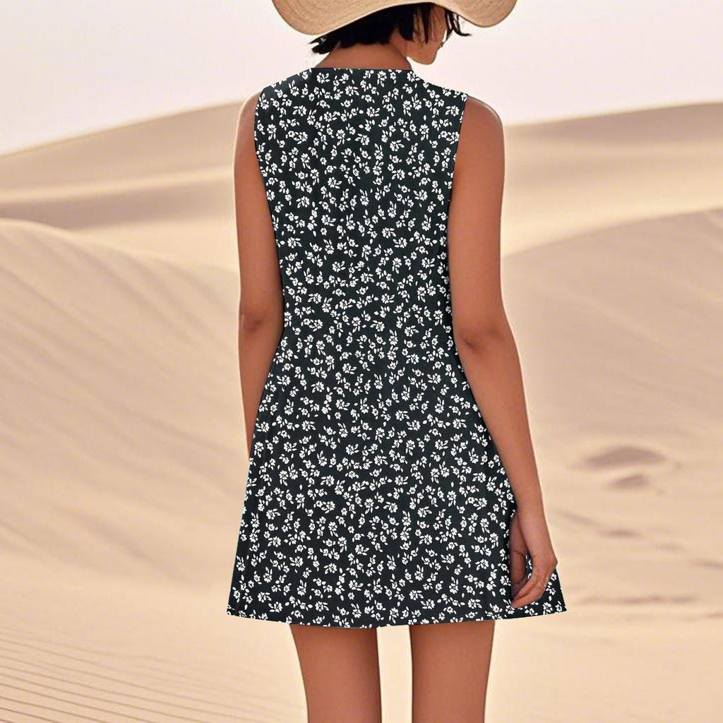 Women's Casual Summer Floral Print Sleeveless Pocket Dress