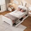 Soft Bed 90x200cm Rabbit Shape Velvet Fabric Children with Headboard 2 Drawers Ergonomic Design Strong Wood Slat Support Home Furniture Kids