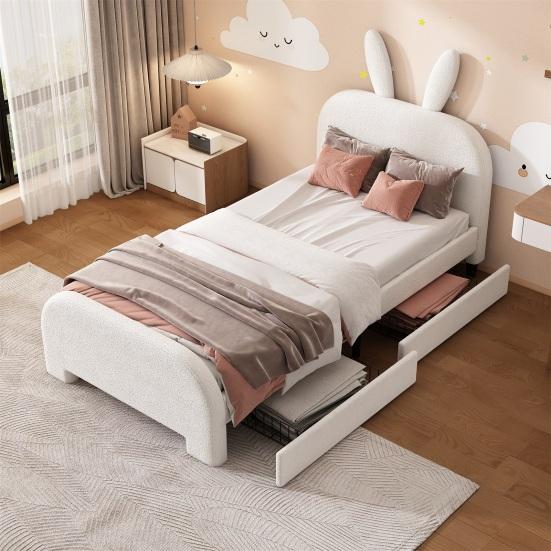 Soft Bed 90x200cm Rabbit Shape Velvet Fabric Children with Headboard 2 Drawers Ergonomic Design Strong Wood Slat Support Home Furniture Kids
