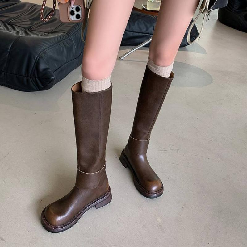 Женские кожаные ботинки на среднем каблуке, кожаные, большого размера, с задней молнией, на толстой подошве, нескользящие, с высоким голенищем, универсальные ботинки Мартин для осени и зимы