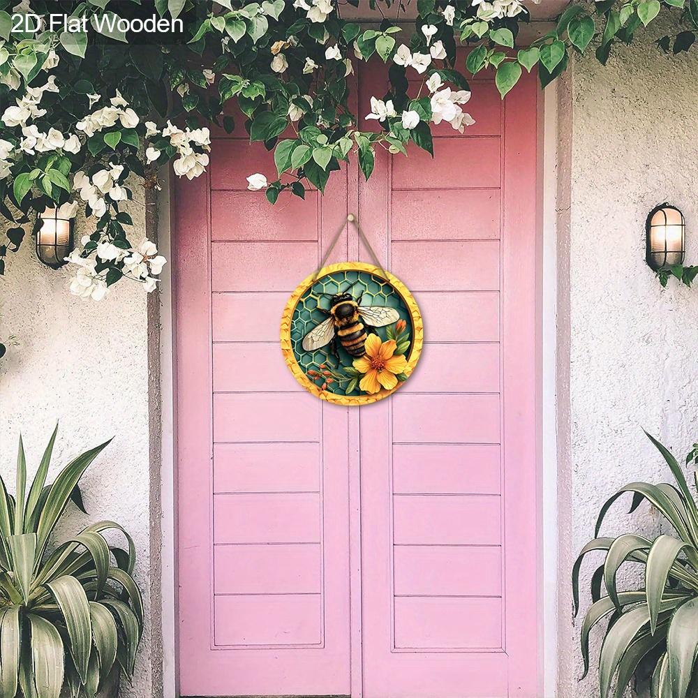 Деревянная табличка в деревенском стиле с очаровательным пчелиным узором - Круглое украшение для входной двери, Настенный декор - Идеальный домашний подвесной декор