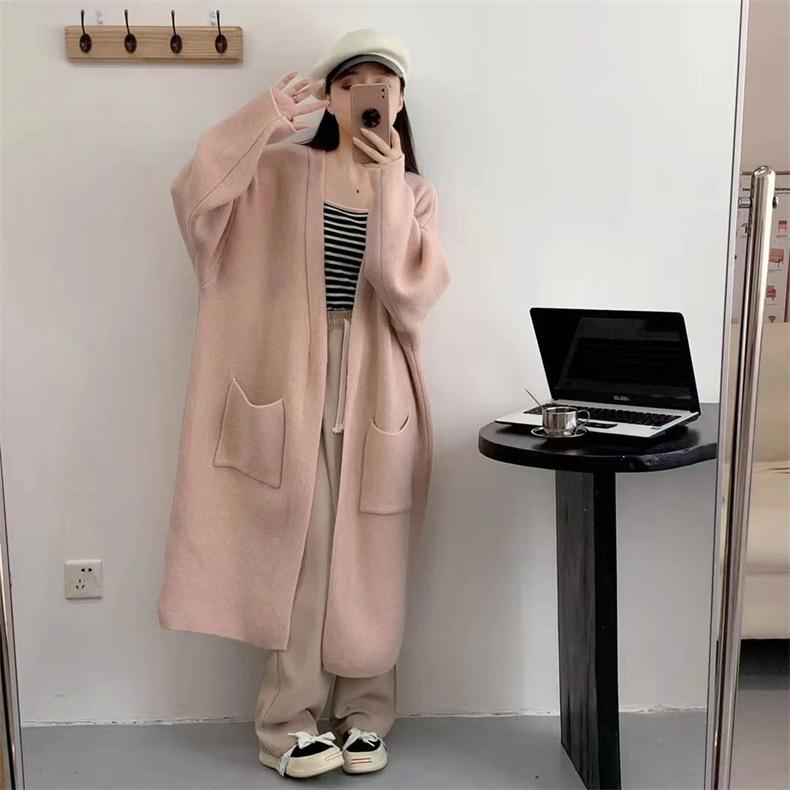 Большой размер ленивый стиль длинный вязаный кардиган женский осень и зима новый корейский вариант свободный V-образный вырез двойной карман свитер куртка прилив