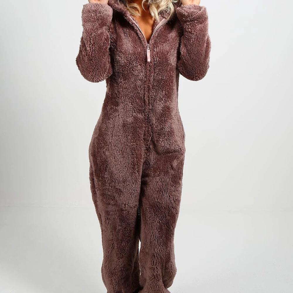 5XL Women Fluffy Jumpsuits Pajamas Plush Velvet Hooded Outfits Tracksuits Zipper Loose Casual Rompers Winter Warm Overall Homewears
