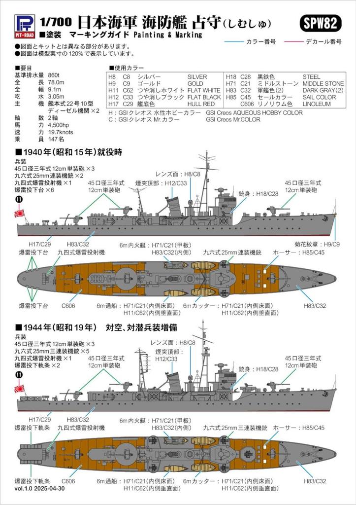 Pit Road Skywave Series Japanese Navy Coast Defense Ship Shimushu Plastic Model SPW82 1/700 (Ship)