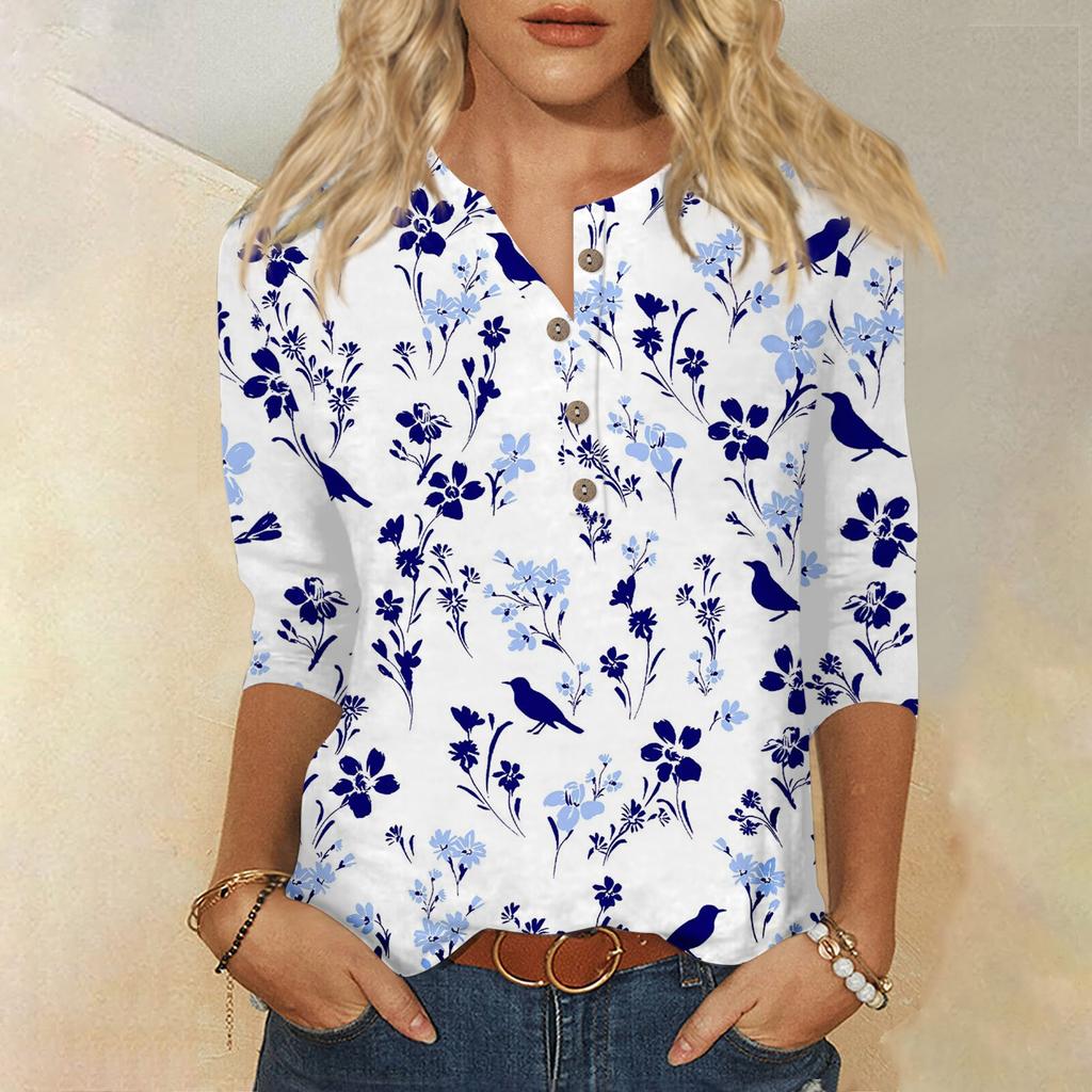3/4 Sleeve Shirts For Women Cute Flowers Print Graphic Tees Blouses Casual Plus Size Basic Tops Pullover