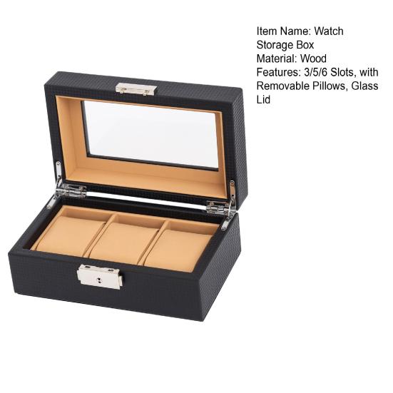 Watch Organizer Box with Glass Lid 3/5/6 Slots Men Women Watch Display Case Faux Leather Wristwatch Holder with Removable Pillows