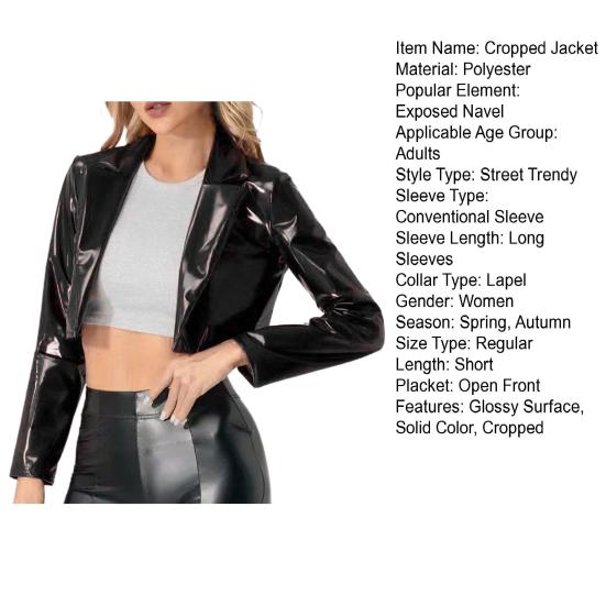 Glossy Faux Leather Women Cropped Coat Long Sleeve Solid Color Lapel Jacket Ladies Clubwear Cosplay Party Performance Festival Costume
