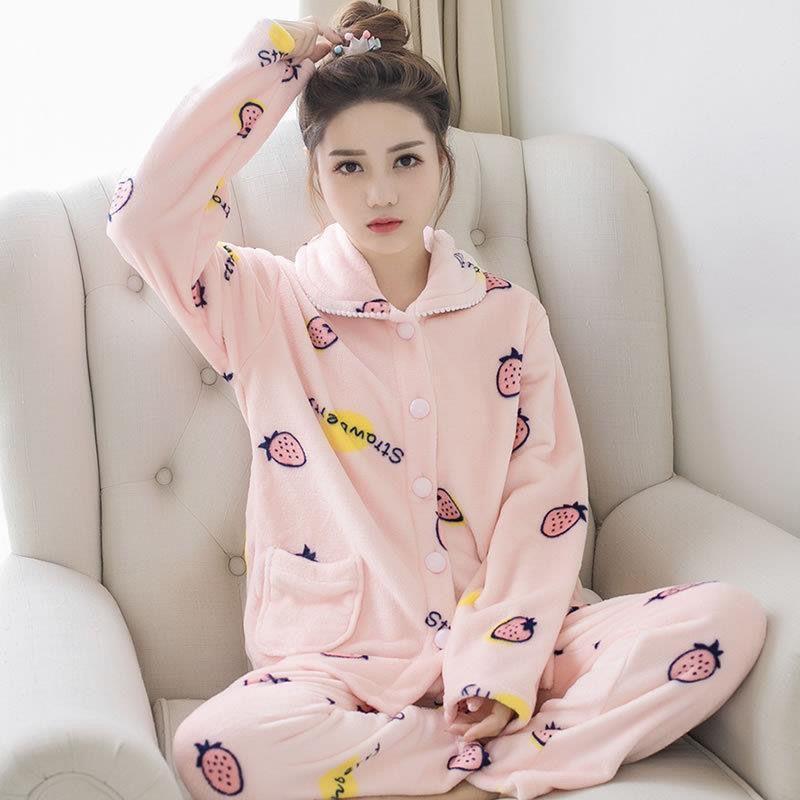 Winter Pajamas Coral Velvet Thickened Small Plus Velvet Warm Coral Long-sleeved Suit Two-piece Pajamas Women Autumn and Winter
