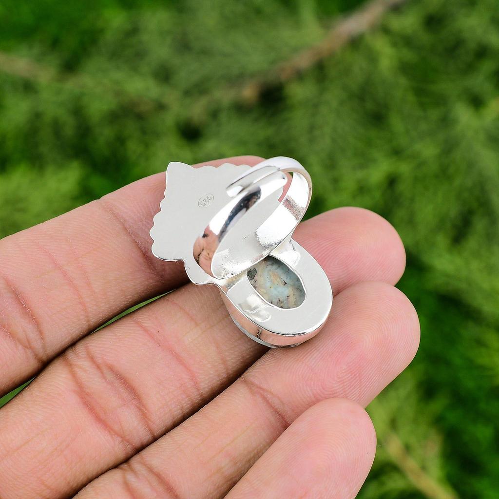 Thanks Giving Day Sale 925 Sterling Silver Natural Larimar Solitaire Bezel Ring