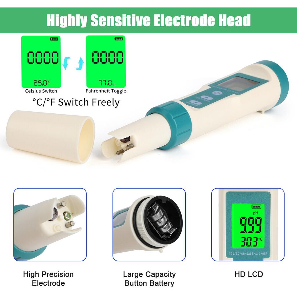 Цифровой pH-метр 7 в 1 TDS/EC/ORP/Температура/pH Тестер Качества Воды pH-метр для Бытового Питья Гидропоники