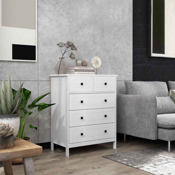 Commode - HOMCOM - blanche 5 tiroirs meuble chambre bureau entrée style contemporain - bois - 74x40x91cm - blanc