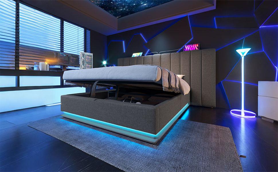 Upholstered Bed 160×200, Double Storage Bed with App Control LED, USB-C Charging, Bed Frame with Slats, Linen, Grey, Without Mattress and Nightstand