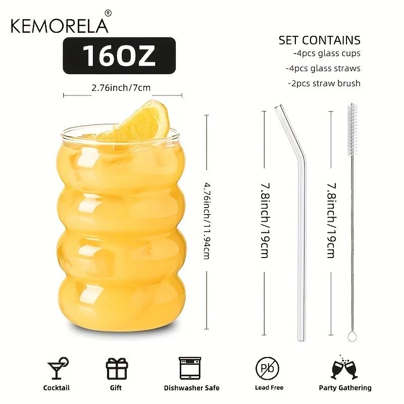 1/4PCS 16OZ Creative Glass Cup Straw Heat-Resistant Wave Cup Beer Juice Ice Coffee Cups Cocktail Fruit Glass Drinkware