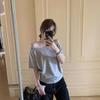 Niche Design Off Shoulder Grey Short Sleeve T-shirt Women's Summer Chic Loose Casual Simple Diagonal Shoulder Black Top