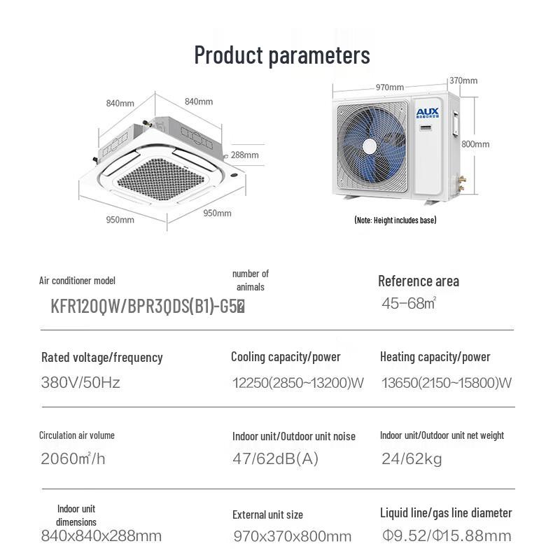 Aux 5 HP Inverter Ceiling Cassette Central Air Conditioner, Level 1 Energy, 380V CN plug (adapter included)