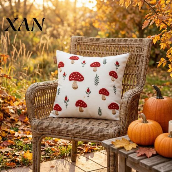 Decorative Throw Pillow Cases Autumn Embroidered Pillowcase, Mushroom Leaf Cover, 18"x18" 20"x12" Farmhouse Bedroom Accessories Cover for Sofa Living