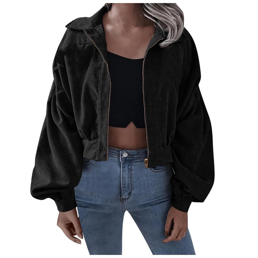 Женская осенне-зимняя вельветовая однотонная куртка на молнии с длинными рукавами и лацканами