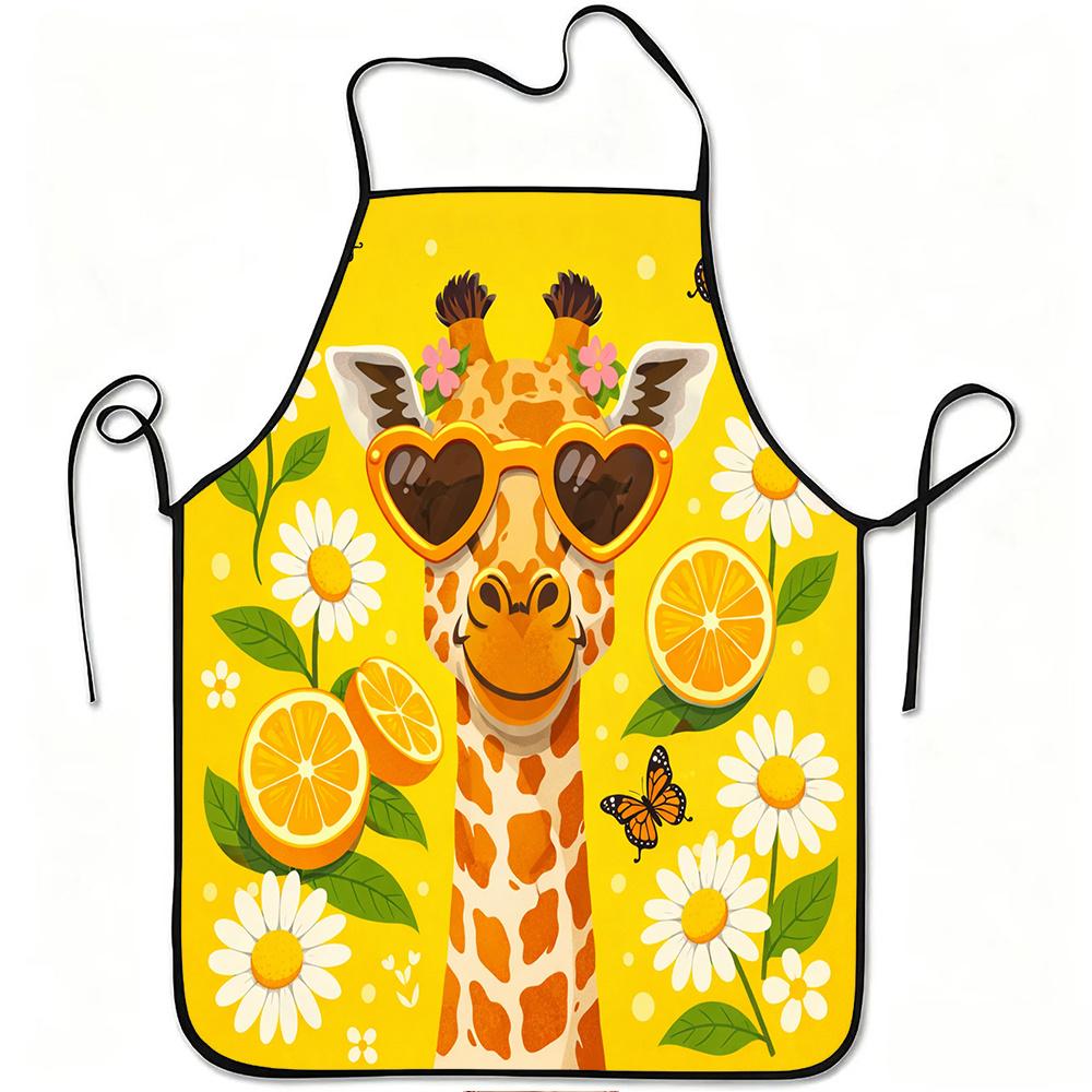 1pc Smiling Giraffe with Fashion Glasses Flowers Oranges Butterflies Print Apron, Durable and Easy to Clean, Adjustable Waistband, Polyester Material,