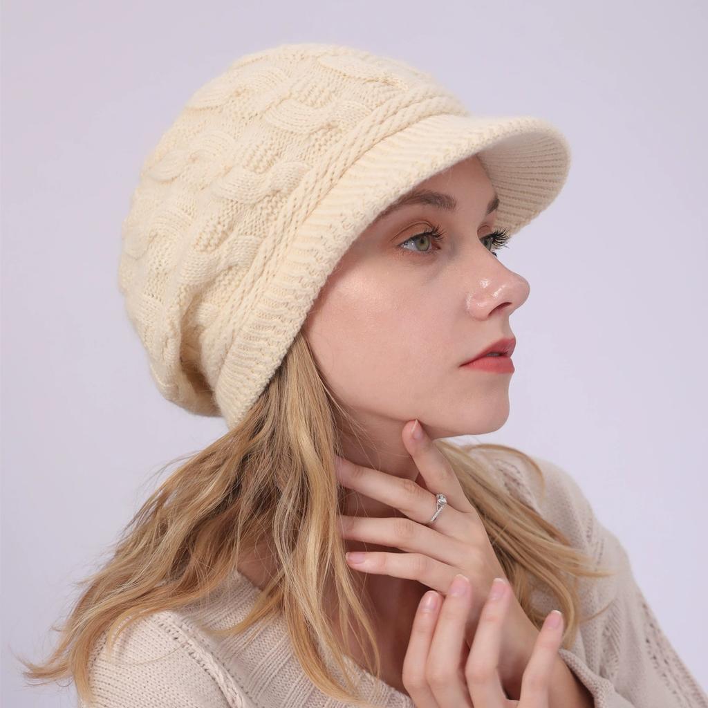 Women's Winter Cable Knit Hat with Fleece Lining, Fashion Beret & Peaked Cap Style, Thickened Warm Beanie for Cold Weather