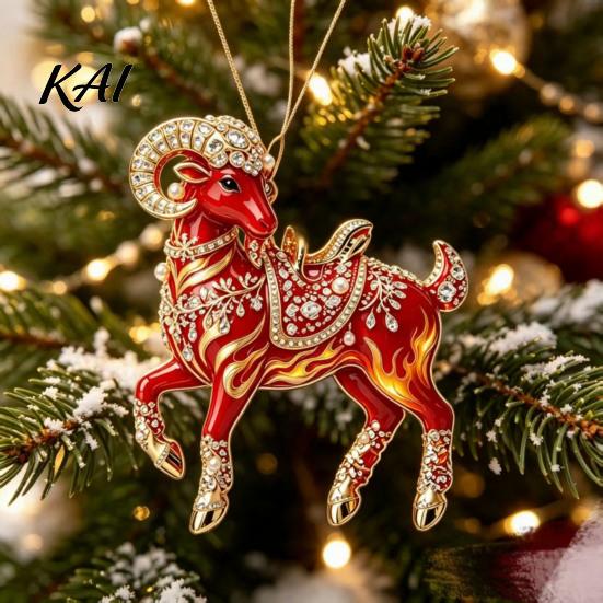 Christmas Gift for Friends Acrylic Goat Tree Pendant, Decorative Hanging Ornament with Xmas Pendant Rhinestone, Golden Cord New Year Party Durable