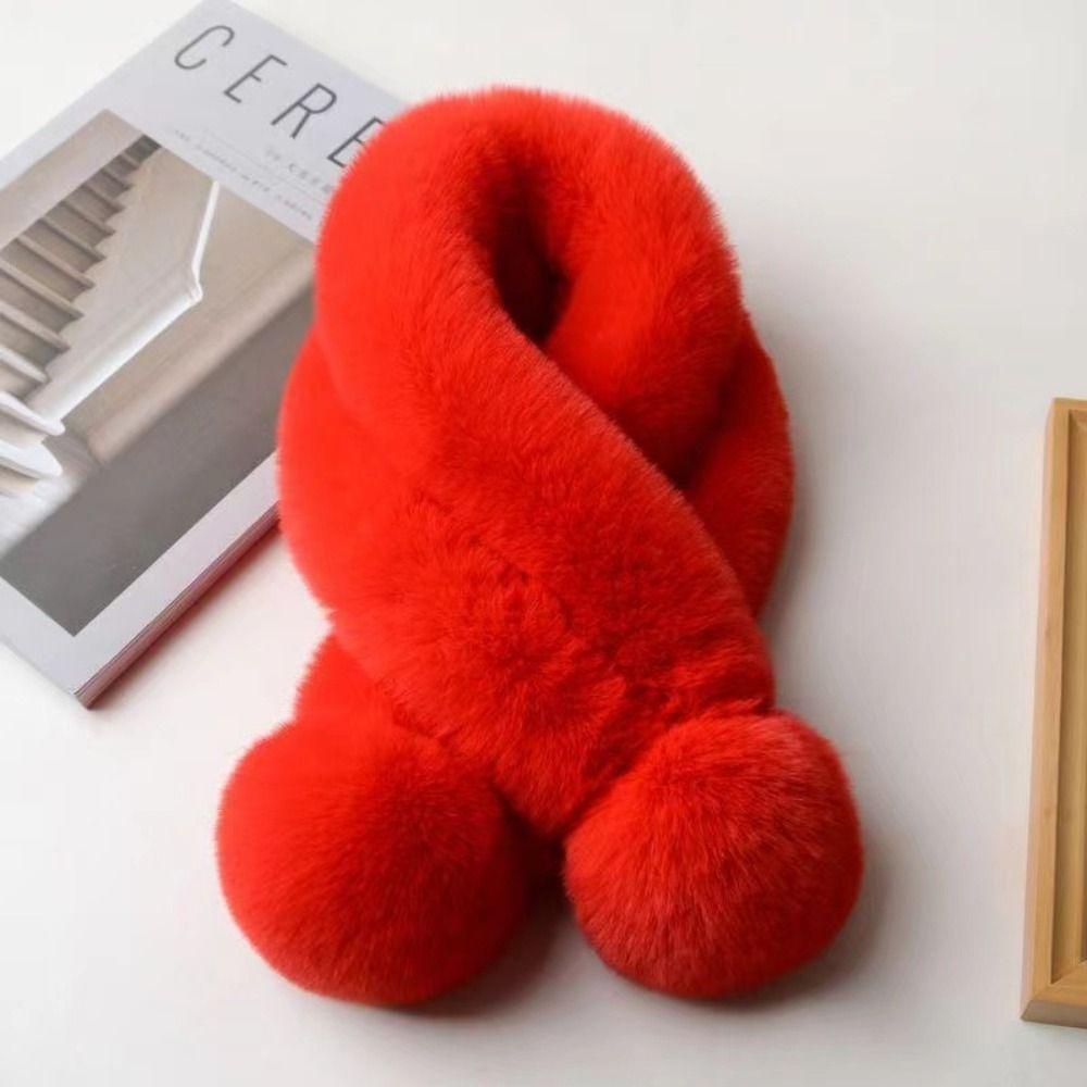 Fluffy Pompoms Warm Cross Scarf Plush Neck Warmer Fashion Neckerchief Wrap For Women Girls