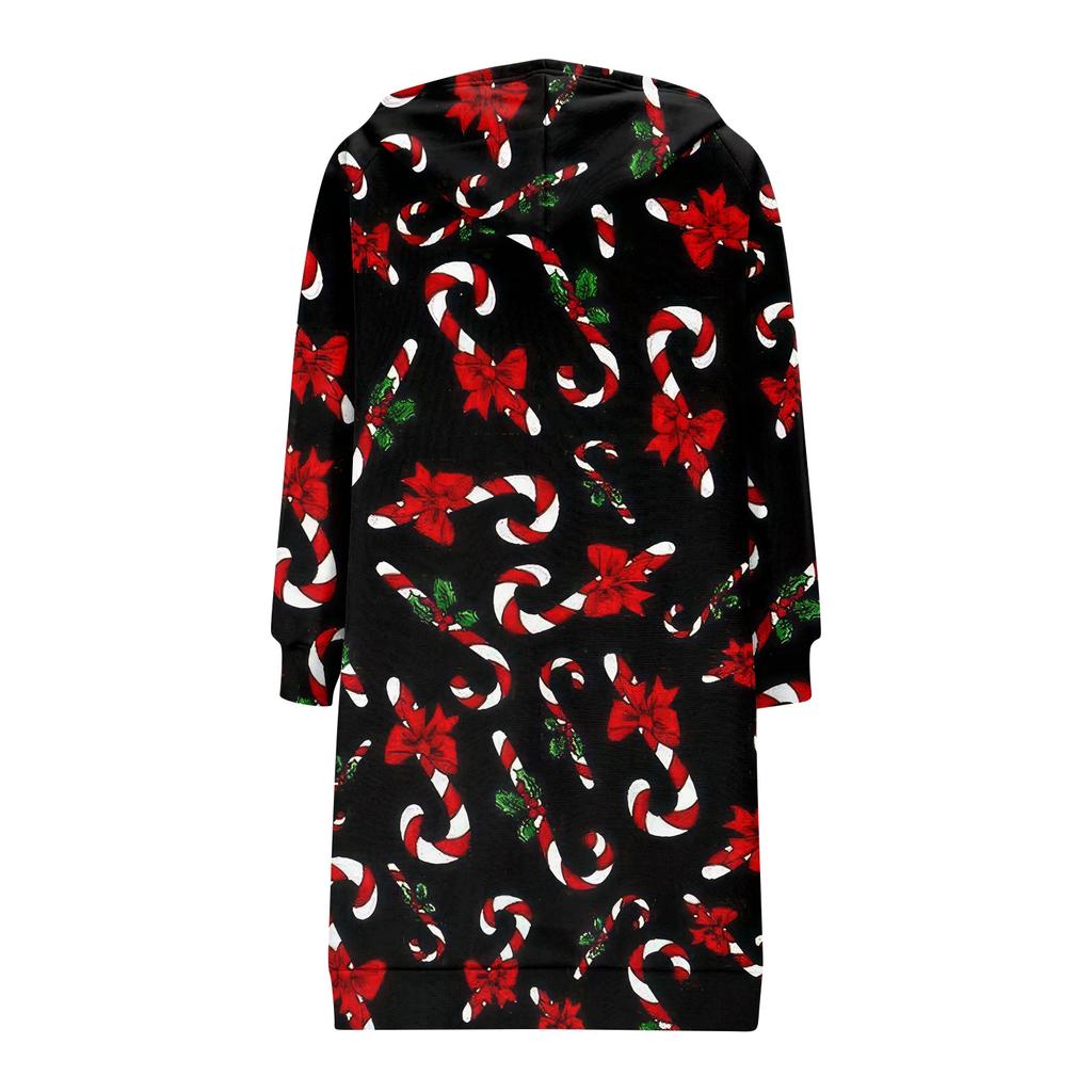 Women's Fashionable Christmas Printed Long Sleeved Drawstring Hooded Zipper Pocket Long Casual Sweatshirt Jacket