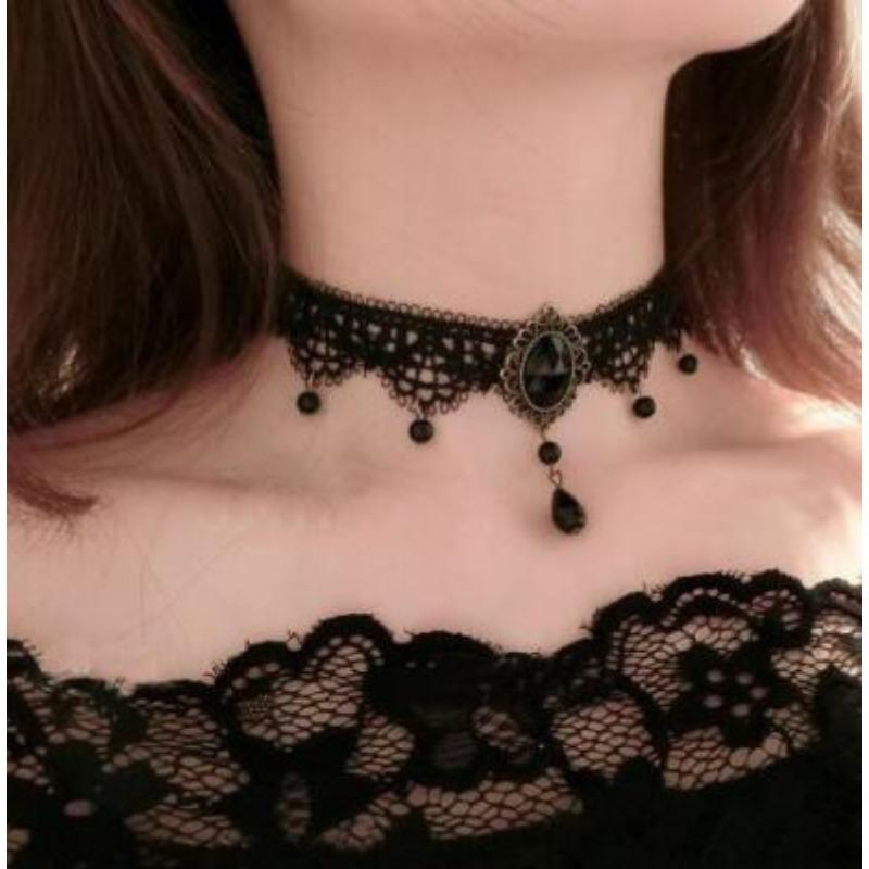 Черное кружевное ожерелье Готическое кружевное ожерелье хрустальная подвеска косплей вечеринка на Хэллоуин бриллиантовое ожерелье женские украшения